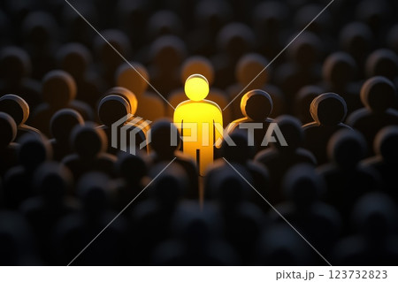 Unique Bright Figure Standing Out Among Transparent Human Silhouettes in Crowd Unique Bright Figure Standing Out Among Transparent Human Silhouettes in Crowd 123732823