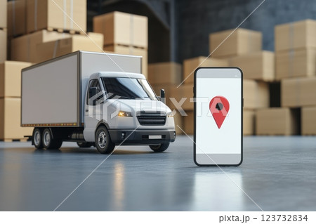 Parked White Cargo Truck Near Smartphone in Modern Warehouse Setting 123732834