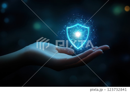 Glowing Blue Shield Emblem in Hand Symbolizing Cybersecurity Concept 123732841