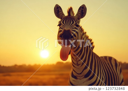 Playful Zebra With Goofy Grin and Tongue Out at Sunset 123732848
