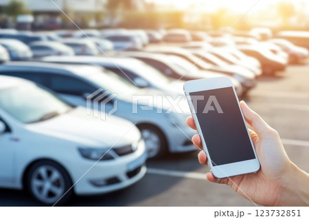 Hand Holding Smartphone in Parking Lot with Cars in Background Hand Holding Smartphone in Parking Lot with Cars in Background 123732851