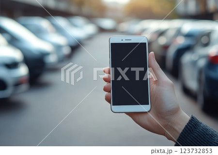 Hand Holding Smartphone in Outdoor Parking Lot with Cars Background 123732853