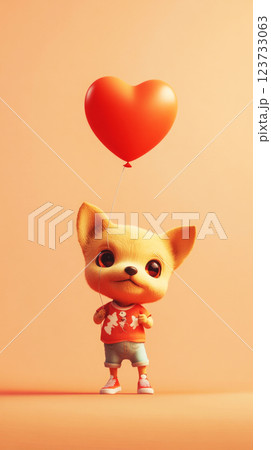 The baby dog, dressed in a fun outfit, holds a heart-shaped balloon with a happy and joyful expression, perfect for a kids story character The baby dog, dressed in a fun outfit, holds a heart-shaped balloon with a happy and joyful expression, perfect for a kids story character 123733063
