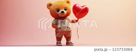 This adorable brown bear with a red balloon captures a cheerful, joyful mood, perfect for a kids story, set against a soft pastel-toned background, banner This adorable brown bear with a red balloon captures a cheerful, joyful mood, perfect for a kids story, set against a soft pastel-toned background, banner 123733068