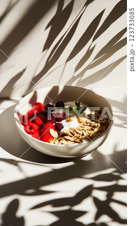 A bowl of acai with plump berries, granola, and a sprinkle of almond flakes, showcasing a perfect balance of flavors and textures. A fresh, nutrient-packed breakfast ideal for energizing mornings 123733085
