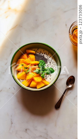 A colorful yogurt bowl topped with ripe mango slices and chia seeds, offering a delicious, wholesome breakfast that's light, fresh, and perfect for morning energy 123733086