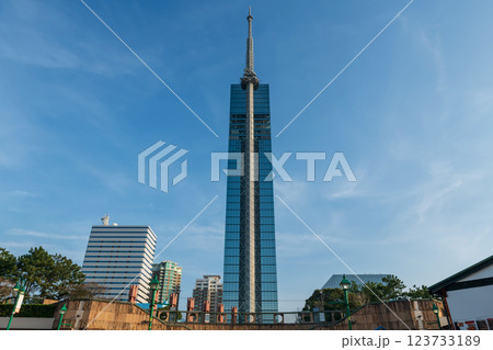 Fukuoka observation tower by Momochi Seaside Park in spring, Japan Fukuoka observation tower by Momochi Seaside Park in spring, Japan 123733189
