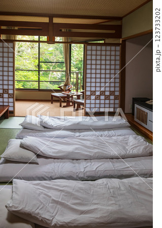 Japanese tatami bedroom in ryokan, Yanagawa, Fukuoka 123733202