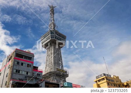Asahi tower building against blue sky, Beppu, Oita, Kyushu, Japan Asahi tower building against blue sky, Beppu, Oita, Kyushu, Japan 123733205