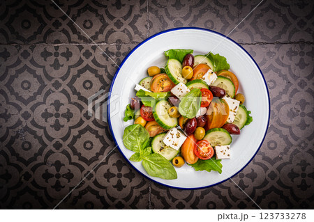 Greek salad with fresh vegetables 123733278