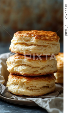 Neatly arranged stack of biscuits displaying a crunchy texture ideal for snack time enjoyment 123733346