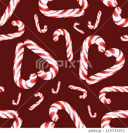 Watercolor illustration of a Christmas heart-shaped lollipop. Seamless pattern is hand-made on a colored background. Drawing for photo wallpaper, stickers, scrapbooking, fabric 123733351