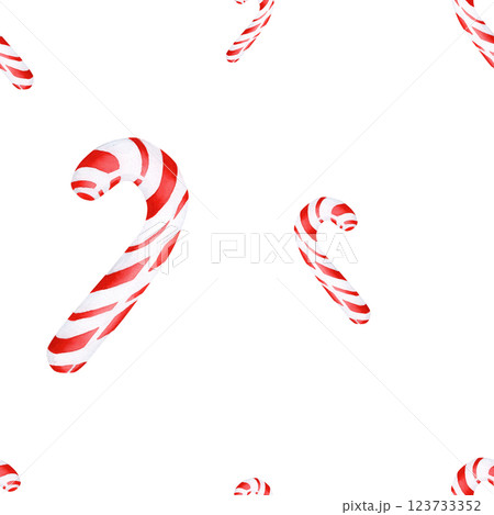 Watercolor illustration of a Christmas lollipop. Seamless pattern is hand-made on an isolated background. Drawing for photo wallpaper, stickers, scrapbooking, fabric 123733352