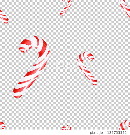 Watercolor illustration of a Christmas lollipop. Seamless pattern is hand-made on an isolated background. Drawing for photo wallpaper, stickers, scrapbooking, fabric 123733352