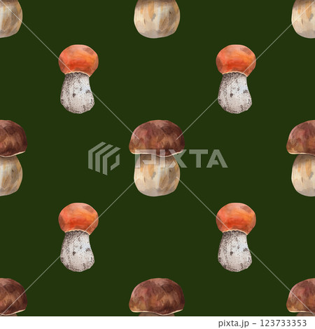 Seamless pattern with porcini and aspen mushrooms. The illustration is made in watercolor technique on a colored background for your design Seamless pattern with porcini and aspen mushrooms. The illustration is made in watercolor technique on a colored background for your design 123733353