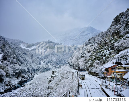 雪景色の祖谷 徳島の祖谷 大歩危駅 雪景色の祖谷 徳島の祖谷 大歩危駅 123733358