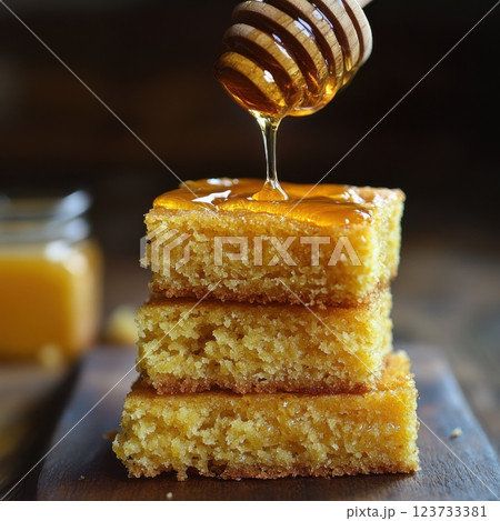 Delicious honey cake drizzled generously with sweet honey syrup topping for dessert lovers 123733381