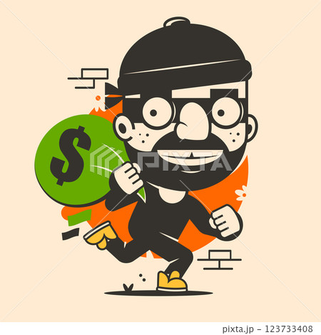 Happy stickman hugs green bag of money. Cartoon thief stole cash from the bank. Vector illustration of cybercrime. Isolated hand drawn stickman on background. Happy stickman hugs green bag of money. Cartoon thief stole cash from the bank. Vector illustration of cybercrime. Isolated hand drawn stickman on background. 123733408