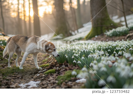 Serene scene of a dog standing in a peaceful forest, surrounded by delicate snowdrop flowers blooming amidst the snow 123733482