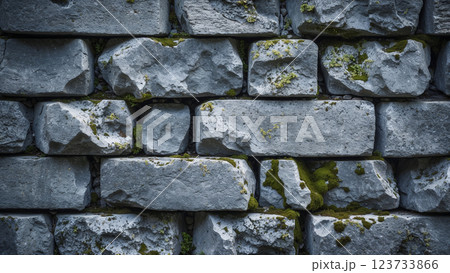 Old damaged grey stone brick wall with moss growing on it 123733866