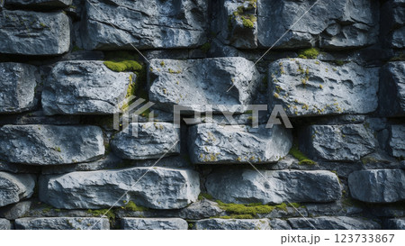 Dark gray stone wall with moss growing in the cracks 123733867
