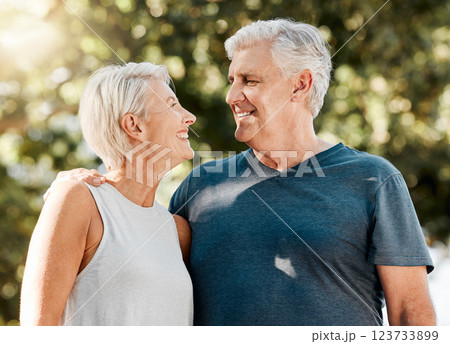 Senior couple, laughing and bonding in fitness workout and garden training in Australian nature park. Happy smile, exercise or retirement elderly man or woman in trust, health mindset support or love 123733899