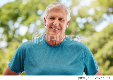 Exercise, fitness and senior man exercise, happy and healthy in retirement. Portrait health, nature and workout a smiling elderly guy from England with smile training in outdoor park on a summer day 123733921