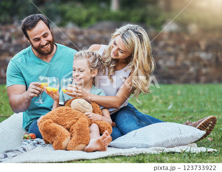 Children, family and picnic with a girl, mother and father sitting outdoor on a grass field in a park with a drink or glass of juice. Kids, summer and bonding with a man, woman and daughter together 123733922