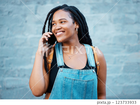 Happy black woman, phone call and smile in communication, talking and conversation in the outdoors. African female smiling, mobile smartphone discussion for wireless 5g connection in the Philippines Happy black woman, phone call and smile in communication, talking and conversation in the outdoors. African female smiling, mobile smartphone discussion for wireless 5g connection in the Philippines 123733933