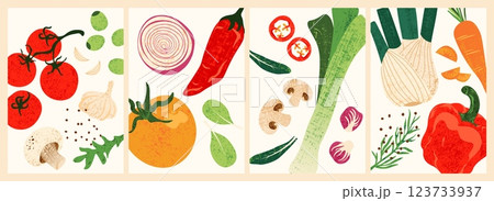 Mix of organic vegetables. Fresh farm food with green leaves, hand drawn colorful natural ingredients for salad cooking, modern posters. Vector vegetarian food set 123733937