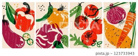 Fresh vegetable set. Organic natural food products for healthy diet, vegetarian food covers for restaurant menu or farm market. Vector cartoon isolated collection 123733943