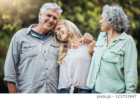 Nature, senior parents and hug with daughter to bond on weekend in usa for happy family moment. Proud, elderly and retirement people with woman relatives smile together with care and love embrace. Nature, senior parents and hug with daughter to bond on weekend in usa for happy family moment. Proud, elderly and retirement people with woman relatives smile together with care and love embrace. 123733947