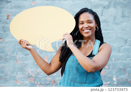 Feedback, social media and idea with black woman and speech bubble with mock up for review, vote and survey. Design, news and network with young girl and communication, contact and voice icon Feedback, social media and idea with black woman and speech bubble with mock up for review, vote and survey. Design, news and network with young girl and communication, contact and voice icon 123733973