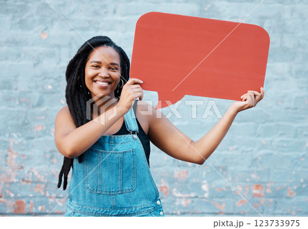 Girl with speech bubble for social media communication, conversation or web chat on online app. Contact, internet brand marketing and advertising student or black woman smile with mockup chat sign 123733975