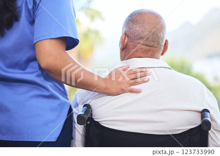 Homecare, nurse and wheelchair for disabled elderly man, with injury in spine or legs. Healthcare, disability and senior in nursing home for wellness, recovery and health in Cape Town after stroke 123733990