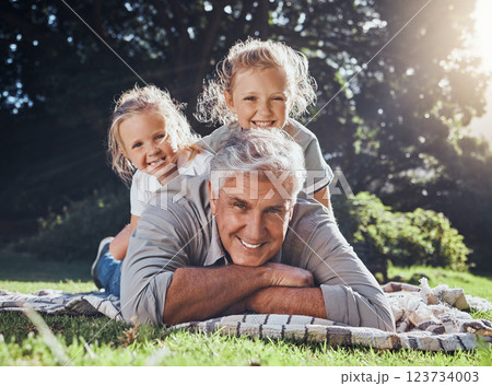 Grandfather, children and portrait of family in the park together with smile during summer in Australia. Girl kids and senior man playing, happy and having fun in a green garden in nature with care 123734003