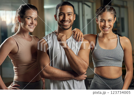 Portrait, group of people and gym for training, workout and health for support with accountability and exercise. Team, friends and happy personal trainer for sports, membership and fitness for goals 123734005