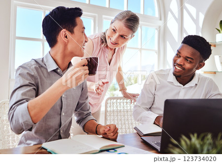 Diversity, digital marketing and team in a meeting planning a seo strategy, logo branding and creative campaign. Business, innovation and group of a global advertising agency employees brainstorming 123734020