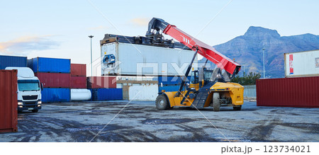 Forklift, shipping logistics and manufacturing container warehouse, cargo industry and industrial factory stock in South Africa. Supply chain production, freight crane and global export distribution 123734021