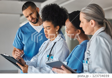 Doctor schedule, meeting and medical worker talking to hospital team about healthcare agenda. Group of medicine employees in communication about collaboration and teamwork on paper in clinic Doctor schedule, meeting and medical worker talking to hospital team about healthcare agenda. Group of medicine employees in communication about collaboration and teamwork on paper in clinic 123734039