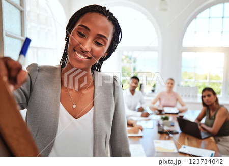 Team, black woman and brainstorming writing on board for team meeting, idea or smile for planning or strategy in office. Group, teamwork or creative conversation, talk or discuss project in workspace 123734042