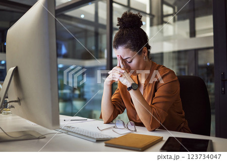 Headache, business woman at night and computer stress while working for a deadline with pc glitch. Sad corporate manager with anxiety about target working at desk screen late to complete task online 123734047