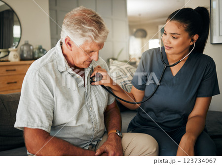 Healthcare, senior man and woman nurse with stethoscope checking heart rate at retirement home. Health, care and elderly grandpa on living room sofa with lady caregiver on medical visit or house call Healthcare, senior man and woman nurse with stethoscope checking heart rate at retirement home. Health, care and elderly grandpa on living room sofa with lady caregiver on medical visit or house call 123734067