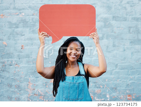 Black woman, feedback or speech bubble for idea, social media or review mock up copy space. Happy portrait of girl, vote or text graphic icon for opinion, communication or survey dialogue ballon. 123734175