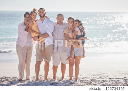 Grandparents, parents and family children on the beach on holiday in Brazil during summer. Portrait of mother, father and girl kids on travel vacation by the sea with elderly people and mockup 123734195