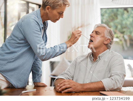 Couple, cotton swab and covid test in house or home for compliance lockdown, antigen analysis and insurance healthcare check. Woman, senior man and covid 19 pcr help for virus mouth medical testing Couple, cotton swab and covid test in house or home for compliance lockdown, antigen analysis and insurance healthcare check. Woman, senior man and covid 19 pcr help for virus mouth medical testing 123734199