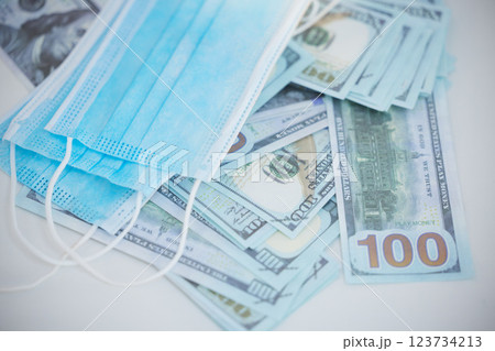 Covid, mask and money inflation for health, medical and hospital insurance in a economic recession. Finance, cash and healthcare price increase for the global and international economy during corona 123734213