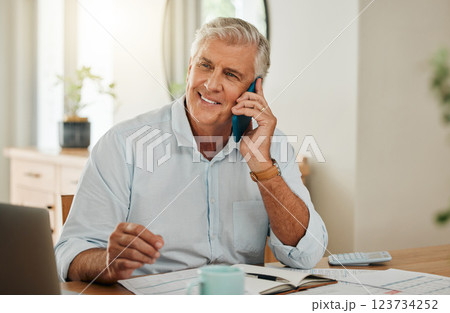 Happy elderly man with phone call, laptop or communication for home budget, consulting financial advisor or planning savings in living room. Investment or insurance with mobile or smartphone admin Happy elderly man with phone call, laptop or communication for home budget, consulting financial advisor or planning savings in living room. Investment or insurance with mobile or smartphone admin 123734252