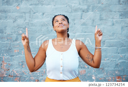 Smile, happy or comic black woman pointing up by building city wall background mockup design for marketing. Fashion, trend or style model or fun and cool Nigerian student by advertising mock up space Smile, happy or comic black woman pointing up by building city wall background mockup design for marketing. Fashion, trend or style model or fun and cool Nigerian student by advertising mock up space 123734254