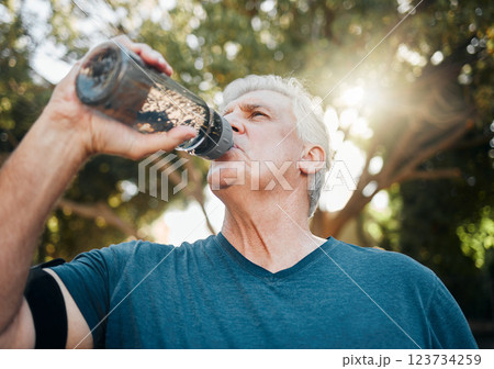 Water, nature fitness and senior man training for health in a park for body health in summer. Elderly athlete or runner with drink after cardio workout, running or outdoor sports exercise Water, nature fitness and senior man training for health in a park for body health in summer. Elderly athlete or runner with drink after cardio workout, running or outdoor sports exercise 123734259